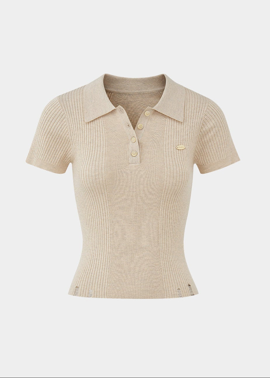 ivory polo knit top, slim fit knit tee, short sleeve knit women, korean fashion top, ribbed polo shirt women, minimalist knit top, feminine casual top, lightweight knitwear, everyday elegant outfit, soft knit blouse, parisian style top, fitted knit shirt, breathable summer knit, versatile basic top, refined casual wear, modern feminine clothing, chic simple top, aesthetic fashion knit, clean line top women, wardrobe essential knit