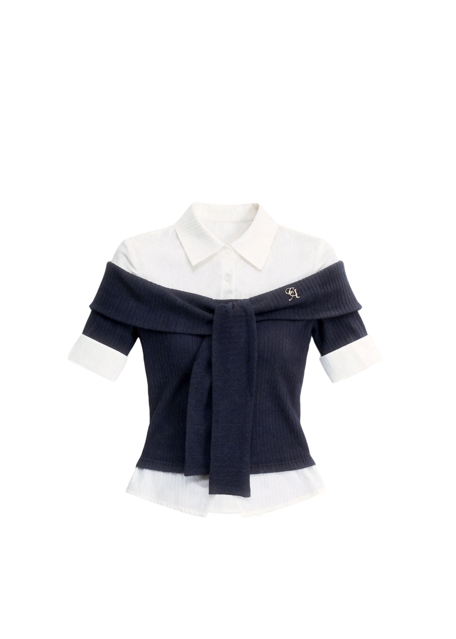 fragileheart top, korean collegiate top, faux two piece shirt, tie waist shirt top, preppy korean fashion, layered knit shirt, feminine campus top, korean preppy blouse, slim collar top, cute korean outfit, campus style shirt, soft girl fashion top