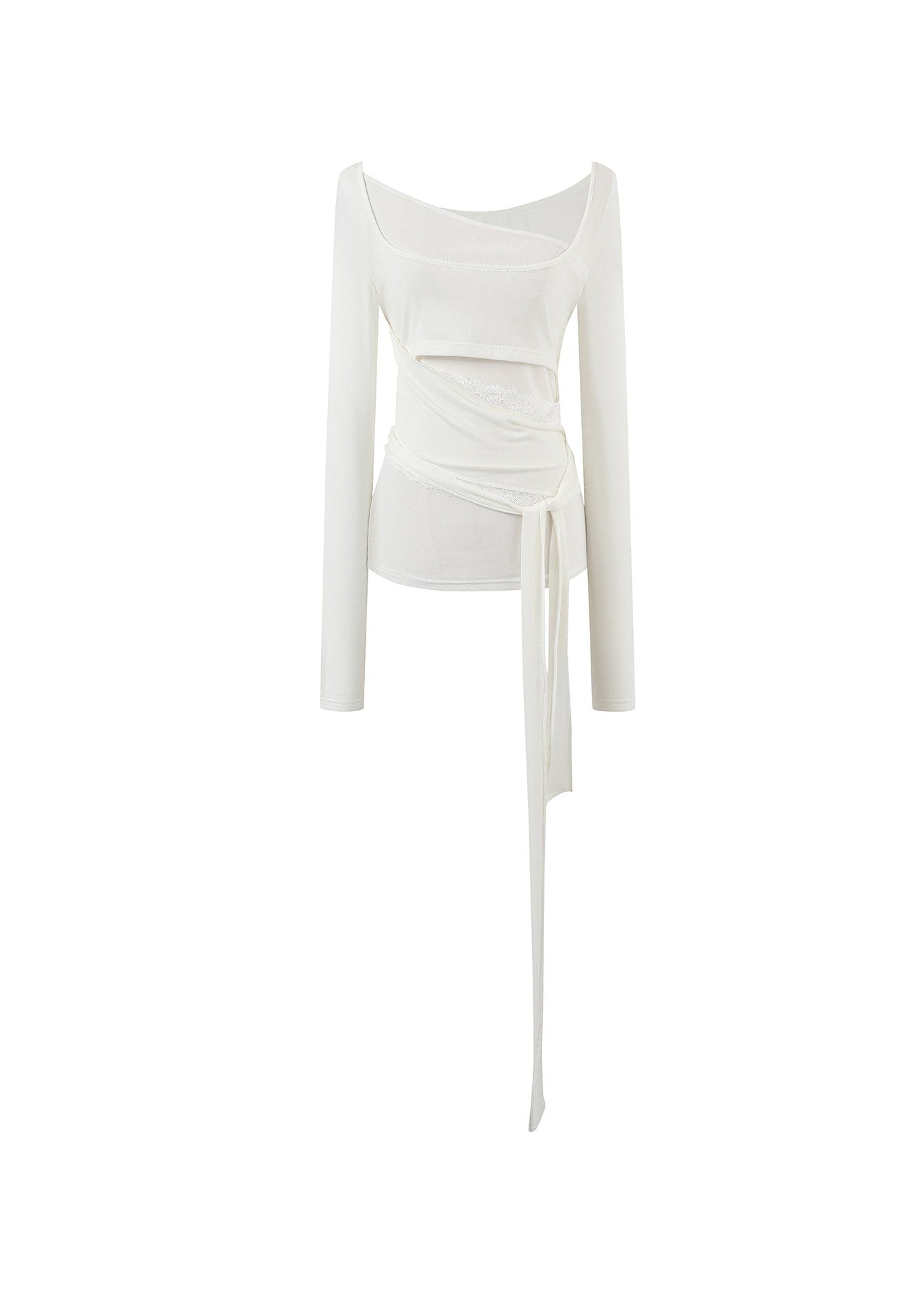 White asymmetric layered long-sleeve top with sheer panels and draped waist ties