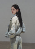 Cropped vintage-wash denim jacket with adjustable hem ties