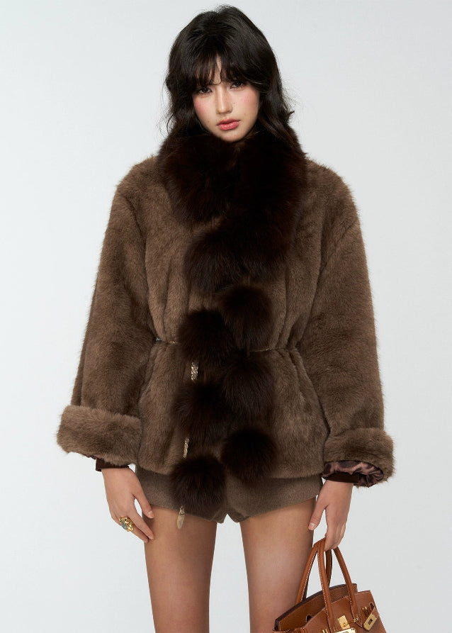 4muggle, fox fur scarf, real fur pom scarf, winter warm neck wrap, luxurious fur stole, fluffy pom pom scarf, Korean fashion winter accessories, stylish winter scarf, elegant fur collar, autumn winter outfit, warm cozy accessory, chic women’s scarf, winter luxury style, fox fur puffs, 2025 winter fashion trend