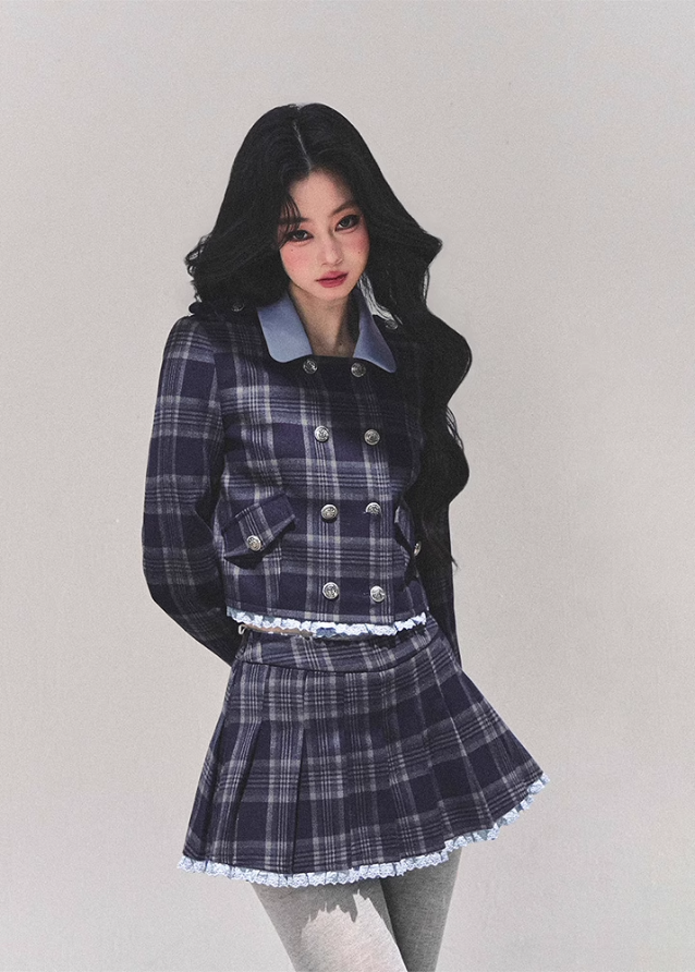 Proust Blue set, plaid suit set, collegiate jacket women, winter plaid skirt set, Korean two-piece outfit, AOMALM suit set, academic style outfit, Korean winter fashion, plaid mini skirt, tailored winter jacket, K-fashion set, blue plaid outfit, elegant winter outfit women, campus style clothing, wool blend jacket women, date outfit winter, Korean street style, cute two-piece set, winter feminine fashion, plaid matching set