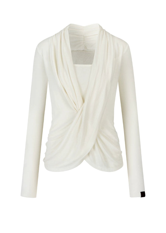 VIAPITTI drape top, cross collar long sleeve, fake two layer shirt, edgy Korean fashion, autumn streetwear top, irregular draped tee, wool blend base layer, minimalist street style, modern K-fashion 2025, asymmetrical neckline top, chic street long sleeve, sculptural drape shirt
