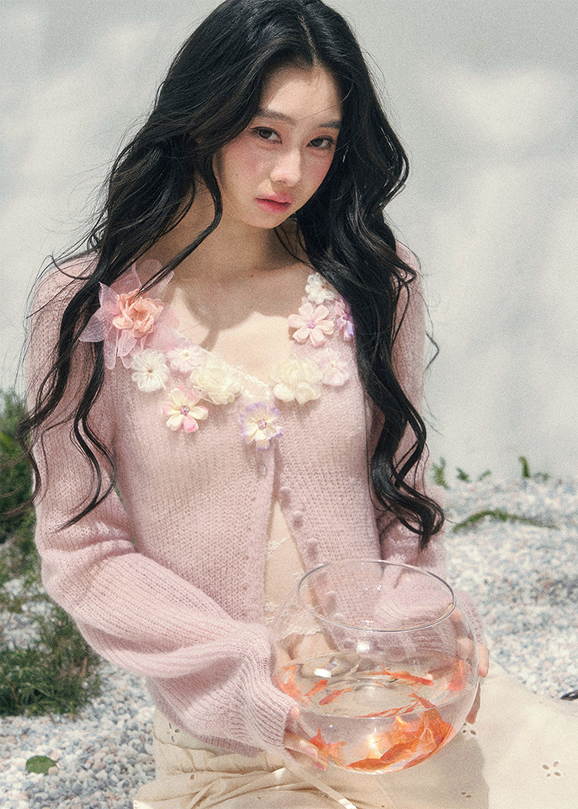 AOMALM floral knit cardigan, French romantic spring sweater, three dimensional flower cardigan, feminine V-neck knitwear women, Korean elegant spring knit, quiet luxury romantic cardigan, delicate floral neckline sweater, Parisian inspired womens knitwear, soft feminine layered cardigan, blush pink romantic knit top, refined Korean French aesthetic clothing, luxury spring cardigan women, poetic feminine knitwear, lightweight floral sweater women, elegant romantic fashion cardigan, soft luxury womenswear kni
