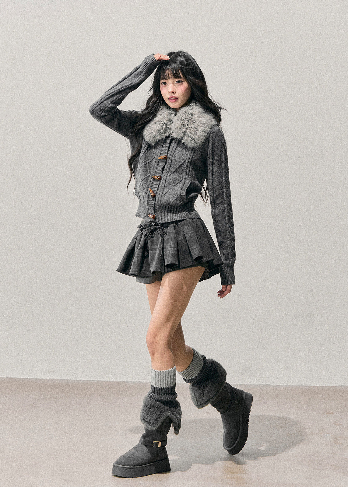 AOMALM cardigan, Korean knit sweater, horn button cardigan, feminine winter sweater, soft Korean style top, cable knit cardigan women, faux fur collar sweater, winter knit jacket women, slim fit knit cardigan, romantic Korean fashion, soft girl winter outfit, vintage button sweater, cozy feminine cardigan, Korean aesthetic clothing, winter layering knit top