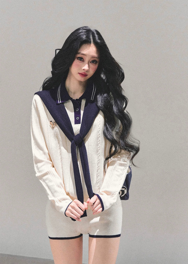 AOMALM knit set, AOMALM morning mist knit, Korean preppy knit outfit, cream navy knit two piece, varsity knit short set, autumn winter knit co ord, soft girl Korean fashion, long sleeve knit top and shorts, K fashion loungewear set, cozy college style outfit, feminine Korean knitwear, Seoul street preppy style, Korean knit shorts set, cute knit two piece for winter, soft knit polo top