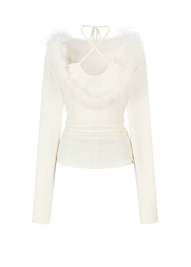 VIA PITTI knit top, faux fox fur halter top, Y2K fur trim top, cross-strap knitwear, winter sexy knit top, fur patchwork sweater, women’s halter long sleeve top, Korean Y2K knitwear, VIA PITTI autumn winter top, slim fit halter knit top, trendy fur trim shirt