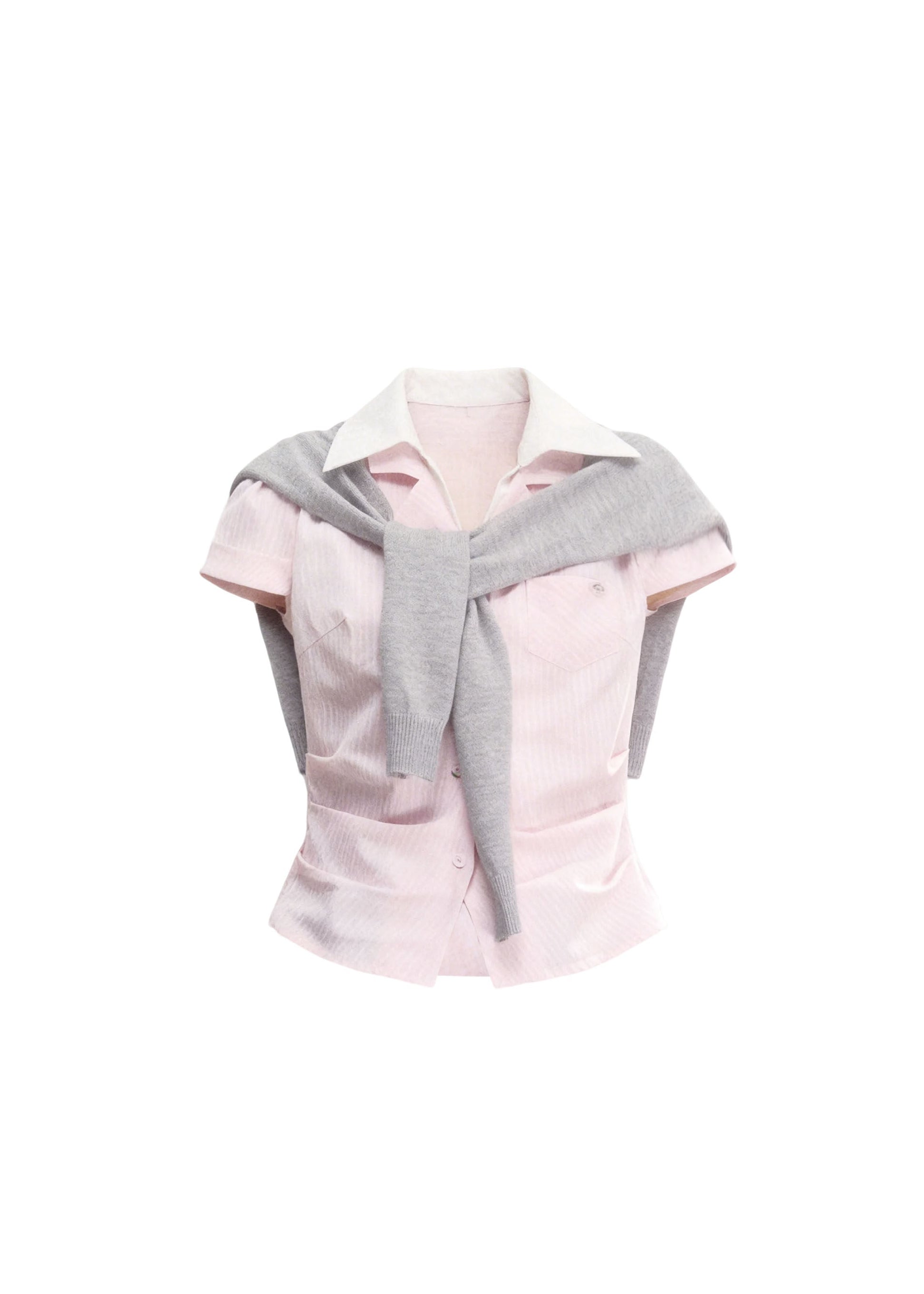 plaid layered top, korean campus top, sweet preppy top, pink plaid shirt top, faux layered blouse, feminine korean fashion top, fragileheart top, summer campus outfit, knit scarf top set, cute preppy summer top, soft girl korean top, honor student style top