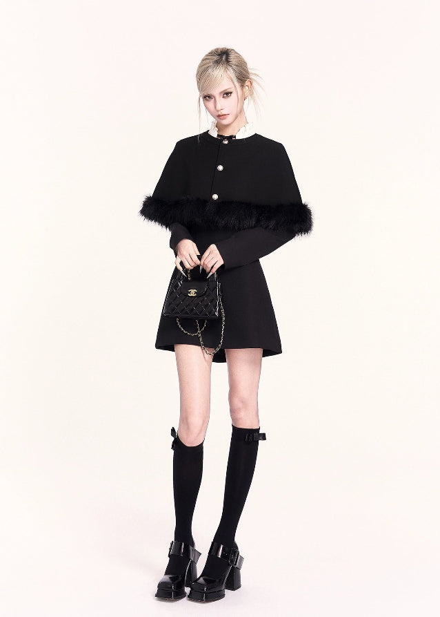 A refined Korean-style holiday dress set featuring a lace-trimmed bow collar mini dress paired with a luxurious woolen cape. The silhouette is soft yet slimming, blending sweet elegance with VOCK’s signature modern edge. Perfect for winter dates, parties, and seasonal photos.