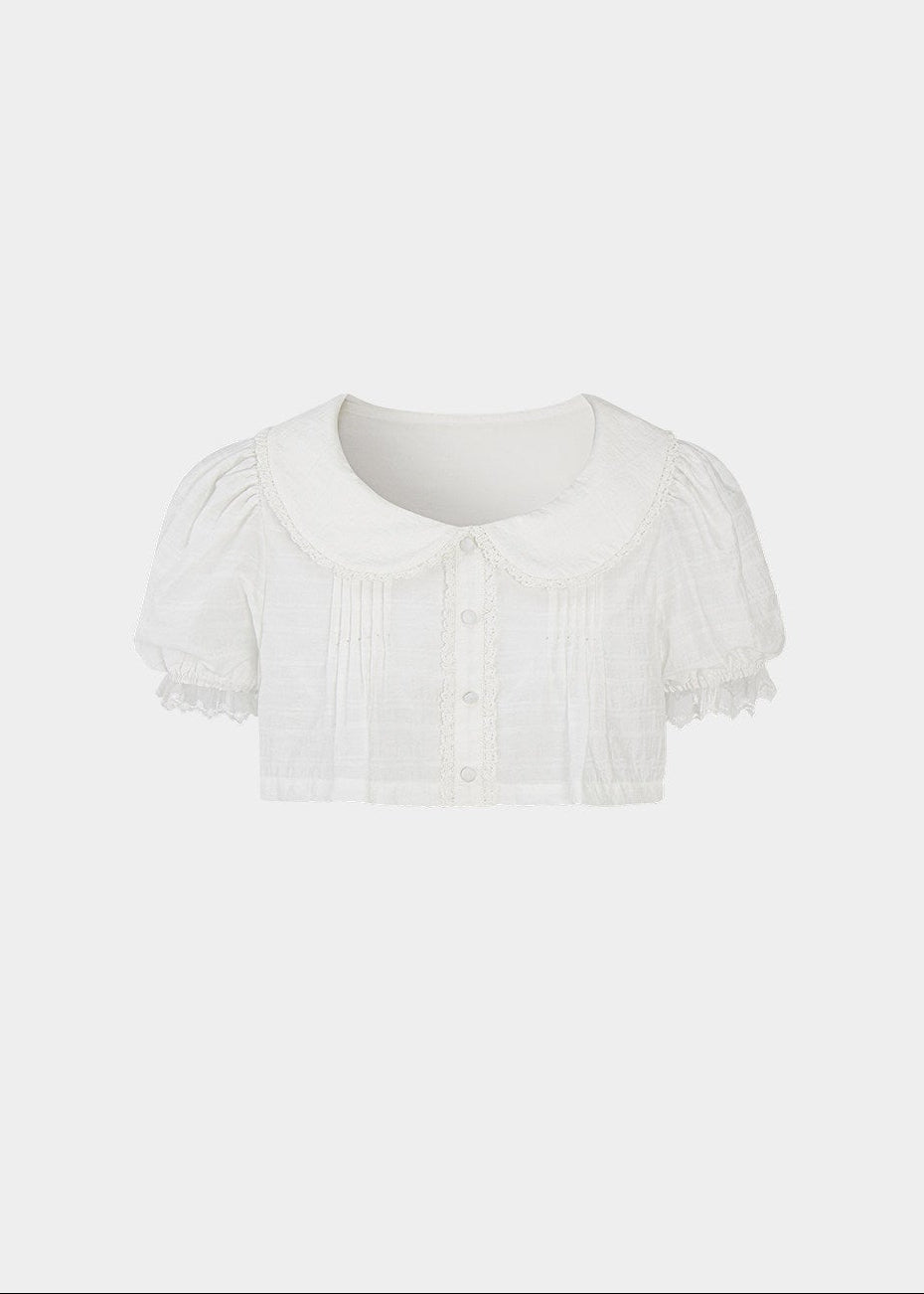 cropped lace blouse women, doll collar top, lace trim blouse, korean fashion top, drawstring blouse women, feminine spring top, lightweight summer blouse, soft girl aesthetic top, white cropped shirt, breathable cotton top, casual romantic blouse, aesthetic fashion top, parisian style clothing, versatile crop top, modern feminine clothing, delicate lace top, chic everyday outfit, airy fabric blouse, youthful style top, spring outfit women