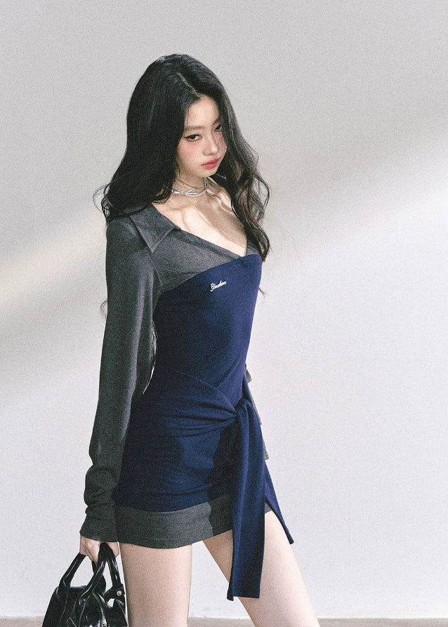 slim fit plaid sleeve dress, fake two piece dress women, Korean style mini dress, college girl plaid dress, trendy slim bodycon dress, autumn fashion mini dress, K-fashion plaid dress, American royal sister dress, check sleeve mini dress, waist tie bodycon dress, elegant plaid dress for women, sexy hip-hugging dress, summer slim plaid dress, girl group fashion dress, stylish campus dress for women
