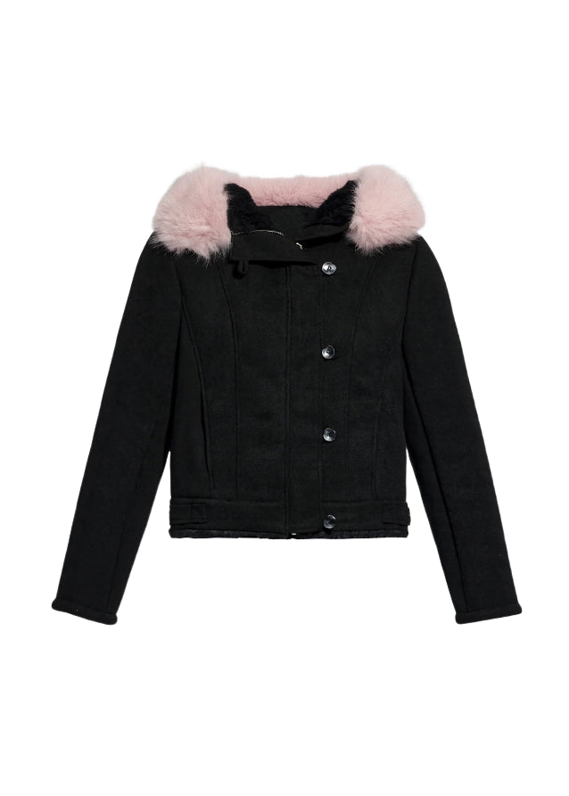 Fragileheart suede cropped coat, fur hooded jacket, luxury Korean fashion, quiet luxury outerwear, winter short coat, pastel noir aesthetic, elegant slim-fit jacket, K-fashion 2025, ivory and black coat, feminine winter outfit, soft suede outerwear, modern Korean fashion, stylish cropped jacket, warm winter coat
