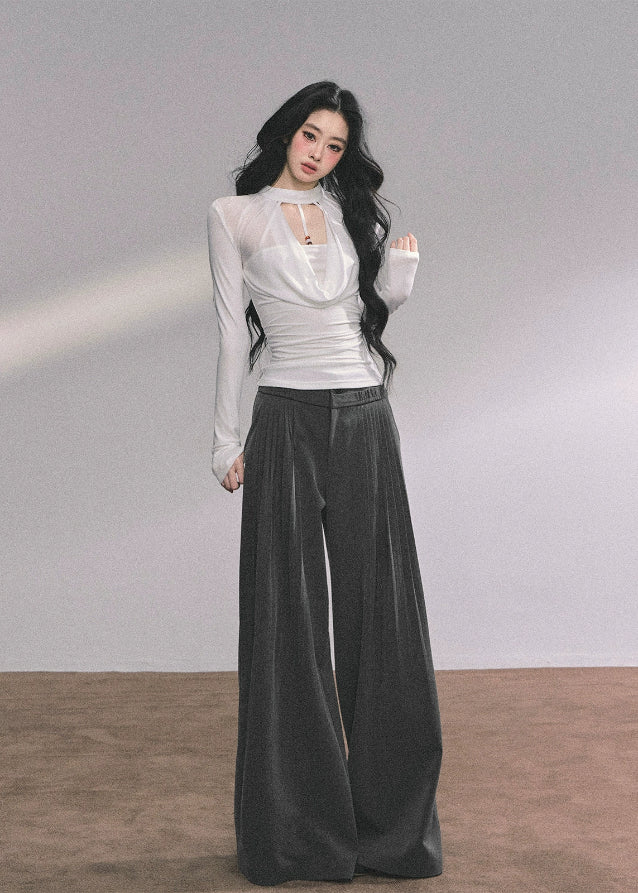 sexy drape top, fake two piece top, mesh layered top, baddie aesthetic top, pure desire outfit, korean fashion top, korean streetwear women, chic black top, white drape top, fall fashion women, trendy women's tops, clubwear top, elegant draped blouse, gothic chic top, long sleeve sexy top, cut out neckline top, Y2K baddie style, womens fall tops 2025, korean american fashion, off shoulder style top
