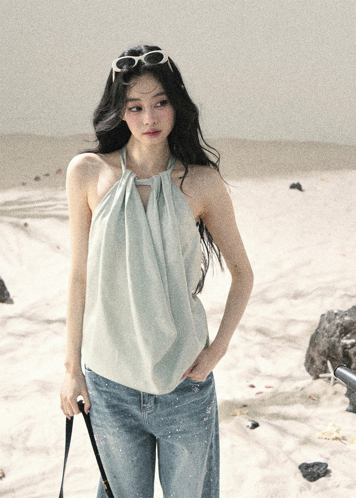 aomalm top, halter top women, draped halter blouse, backless summer top, french style halter top, feminine korean top, silk feel sleeveless top, elegant summer blouse, cowl halter top, light sage top