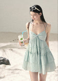 Seafoam blue tiered cami mini dress with gathered front