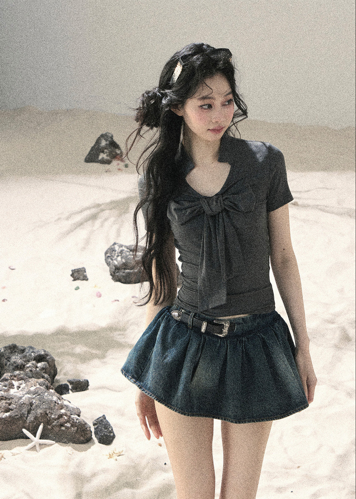 Charcoal cropped top with bow front detail