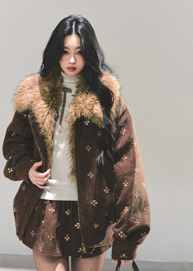 Whisper of Snowfall set, Maillard wool suit, Korean winter outfit, two-piece wool set, faux fur collar jacket, winter skirt set, AOMALM wool outfit, embroidered wool jacket, warm winter coordinates, Korean fashion winter set, cozy jacket and skirt set, feminine winter outfit, stylish wool two-piece, warm Maillard tone outfit, luxury winter clothing, cute winter suit women, Korean style jacket skirt set, soft wool winter wear, brown wool skirt set, fluffy collar winter jacket.