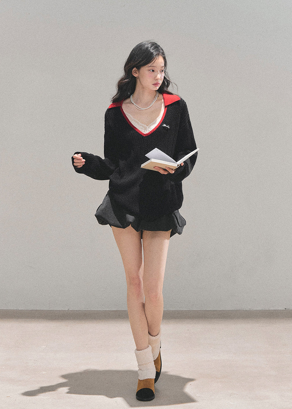 AOMALM sweater, V-neck knit top, college style sweater, Korean fashion sweater, wool knit women's top, winter knit pullover, feminine V-neck sweater, soft wool sweater, black knitted top, winter Korean style outfit, cute warm sweater women, campus style knitwear, deep V-neck pullover, trendy winter tops 2025, elegant knit sweater women, minimal chic sweater, soft warm knit top.