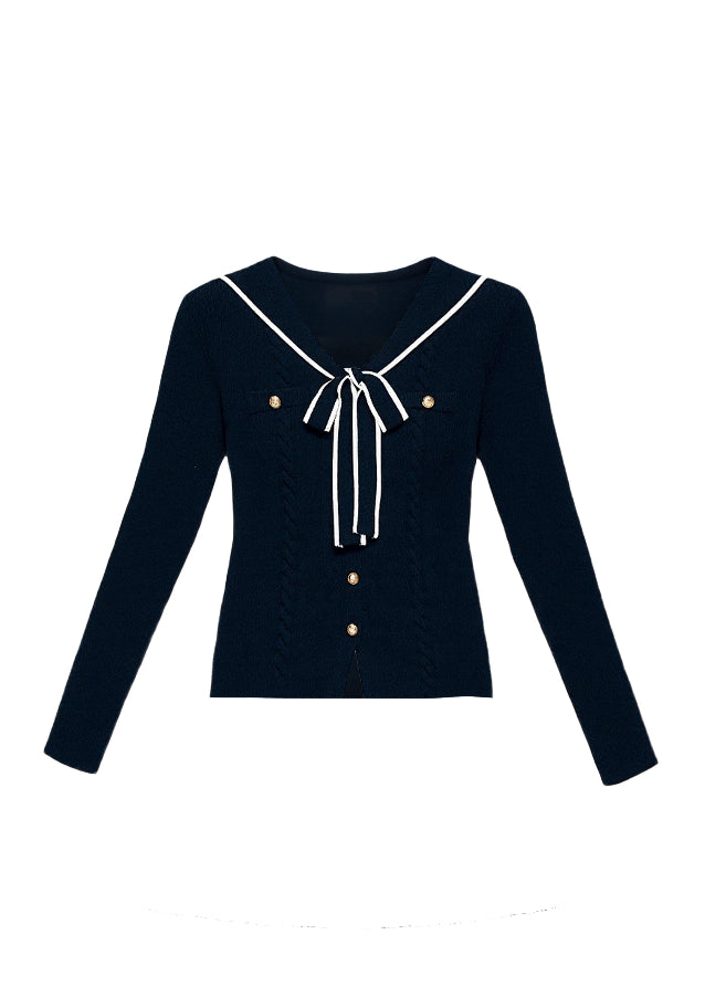 Fragile Heart navy knit top, bow tie sweater, sailor collar knit blouse, Korean girly knitwear, feminine ribbon sweater, waist-slim knit top, soft waxy knit shirt, pretty navy bow top, winter Korean romantic sweater, cute preppy knit blouse, AW feminine soft knit top