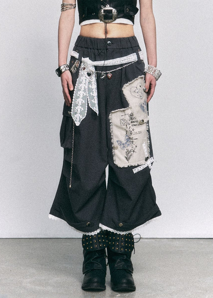 wide leg cropped pants women, patchwork pants women, distressed trousers women, grunge outfit women, edgy outfit women, street style pants, punk style clothing, y2k edgy outfit, alternative fashion women, deconstructed pants, raw edge trousers, urban streetwear women, lace panel pants, statement pants women, loose fit trousers women, rebellious fashion outfit, underground fashion women, utility style pants, mixed fabric pants, edgy streetwear women