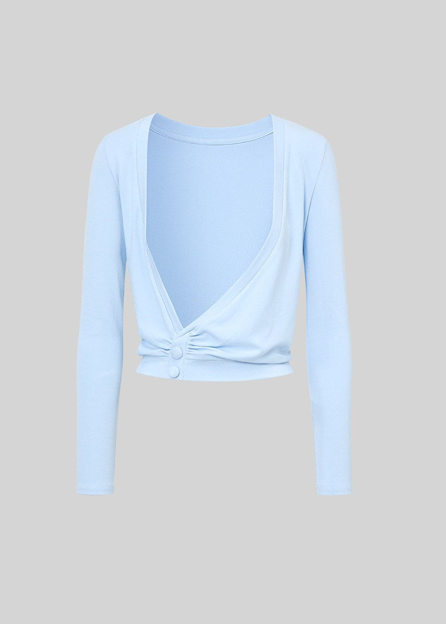 Ballet-inspired light blue cross-front fitted long-sleeve top