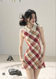 aomalm dress, plaid mini dress, polo collar dress, korean feminine dress, french vintage dress, diamond plaid dress, cotton summer dress, hip hugging mini dress, seaside summer dress, romantic plaid dress, korean summer fashion, feminine mini dress