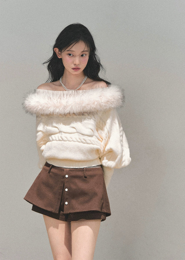 tea fragrance sweater, mohair off shoulder sweater, AOMALM winter top, French mohair knit, winter twist sweater, fluffy neckline sweater, faux fur trim knit, feminine winter outfit, asymmetrical knit top, Korean winter style, warm mohair sweater, off shoulder winter top, cozy feminine knitwear, soft mohair pullover, chic winter sweater, trendy Korean fashion top, elegant winter knit, women’s mohair blouse, romantic off shoulder sweater