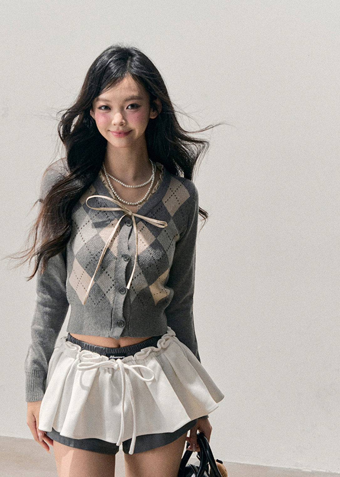 AOMALM cardigan, Korean feminine knit, French preppy cardigan, cropped knit sweater, argyle cardigan women, winter cardigan top, soft girl aesthetic sweater, Korean style knitwear, feminine cropped cardigan, ribbon tie sweater, pastel winter knit, elegant casual cardigan, preppy Korean fashion, women winter knit top, slim fit cardigan