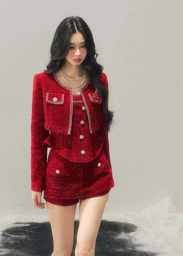 AOMALM, Korean feminine tweed set, winter three piece set women, French chic wool outfit, black tweed jacket skirt set, rich daughter style, elegant winter set, Korean fashion winter, feminine wool tweed, luxury winter outfit women, soft feminine aesthetic, classic black tweed, layered winter styling, boutique Korean brand, refined winter ensemble, slim silhouette winter set