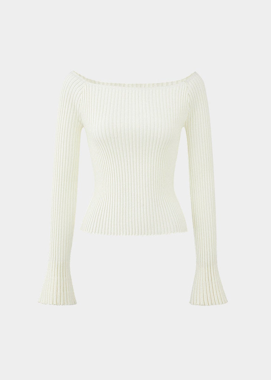 LaluneDuCiel one shoulder knit top women, Korean feminine ribbed sweater, flared sleeve knit blouse women, elegant Korean style knitwear, slim fit knit top Korean fashion, chic feminine off shoulder sweater, soft romantic knit top women, Korean aesthetic ribbed sweater, stylish Korean fashion top