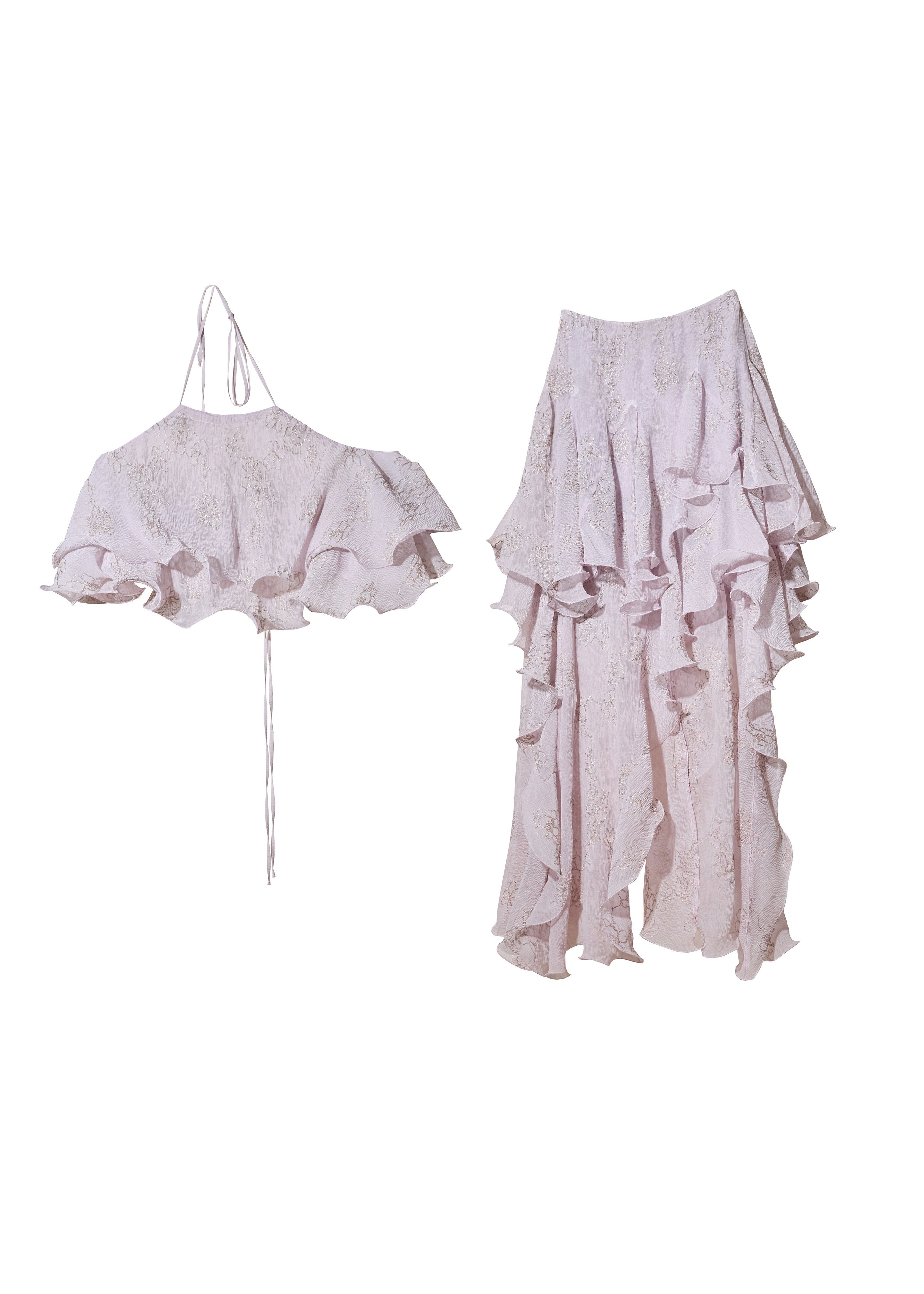 peach pink two piece set, halter ruffle set, korean fashion set, romantic maxi skirt set, fairycore outfit, layered ruffle skirt, feminine summer set, elegant two piece dress set, jnylon dress set, resort wear women