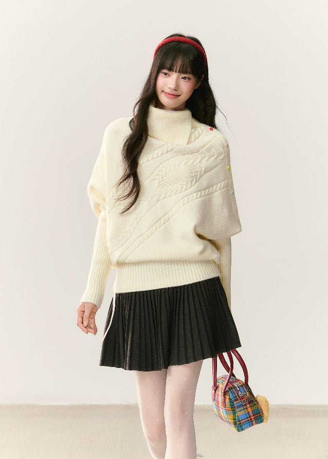 umoumo knit top, Korean style sweater, feminine knitwear, asymmetrical lapel sweater, cape style sweater, cable knit pullover, off-white cable sweater, colorful button sweater, winter Korean fashion, soft girl aesthetic knit, oversized feminine sweater, cozy winter top, girly Korean knitwear, cute cape sweater, asym knit design
