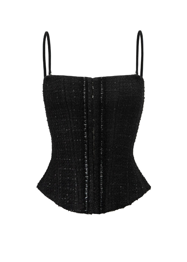 black tweed suit set, 3 piece women’s suit, chic corset and jacket set, French style two-way suit, modern stylish outfit, 4muggle luxury set, slimming high waist pants, urban lady elegant fashion, stylish black trousers suit, French chic wool set, sexy tube top suit, classy corset suit set, fashion city girl look, black moonlight outfit, evening fashion woman