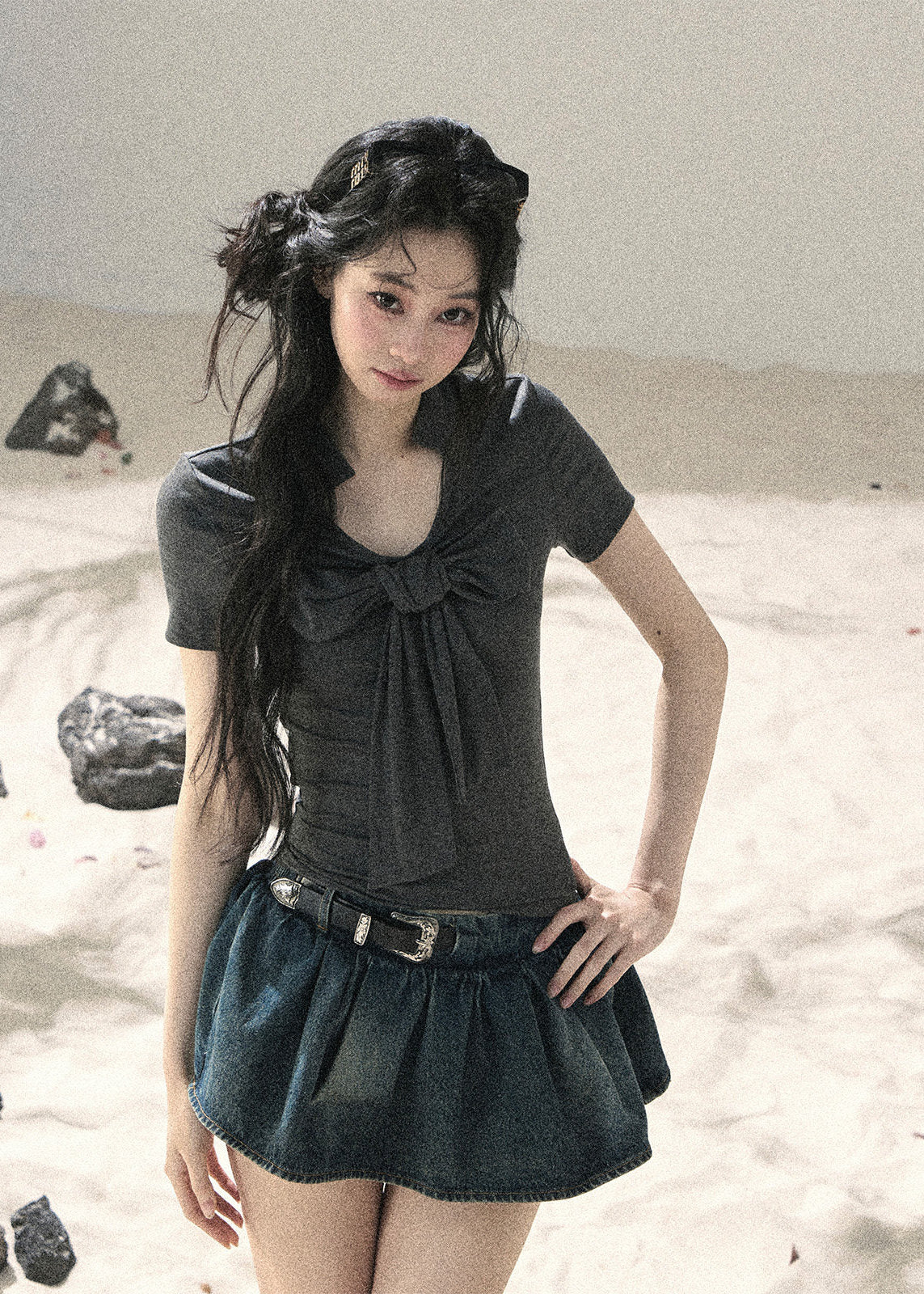 Charcoal cropped top with bow front detail