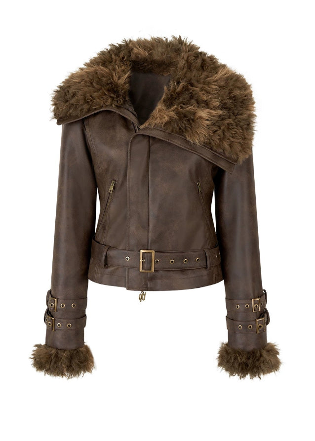 VIAPITTI faux fur jacket, heavy industry short coat, big fur collar lapel, autumn winter fur jacket, edgy Korean fashion, industrial streetwear women, imitation fur aviator jacket, rugged shearling coat, K-fashion 2025, warm winter street coat, urban grunge jacket, faux fur integrated top
