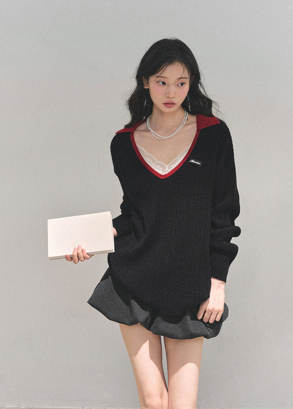 AOMALM sweater, V-neck knit top, college style sweater, Korean fashion sweater, wool knit women's top, winter knit pullover, feminine V-neck sweater, soft wool sweater, black knitted top, winter Korean style outfit, cute warm sweater women, campus style knitwear, deep V-neck pullover, trendy winter tops 2025, elegant knit sweater women, minimal chic sweater, soft warm knit top.