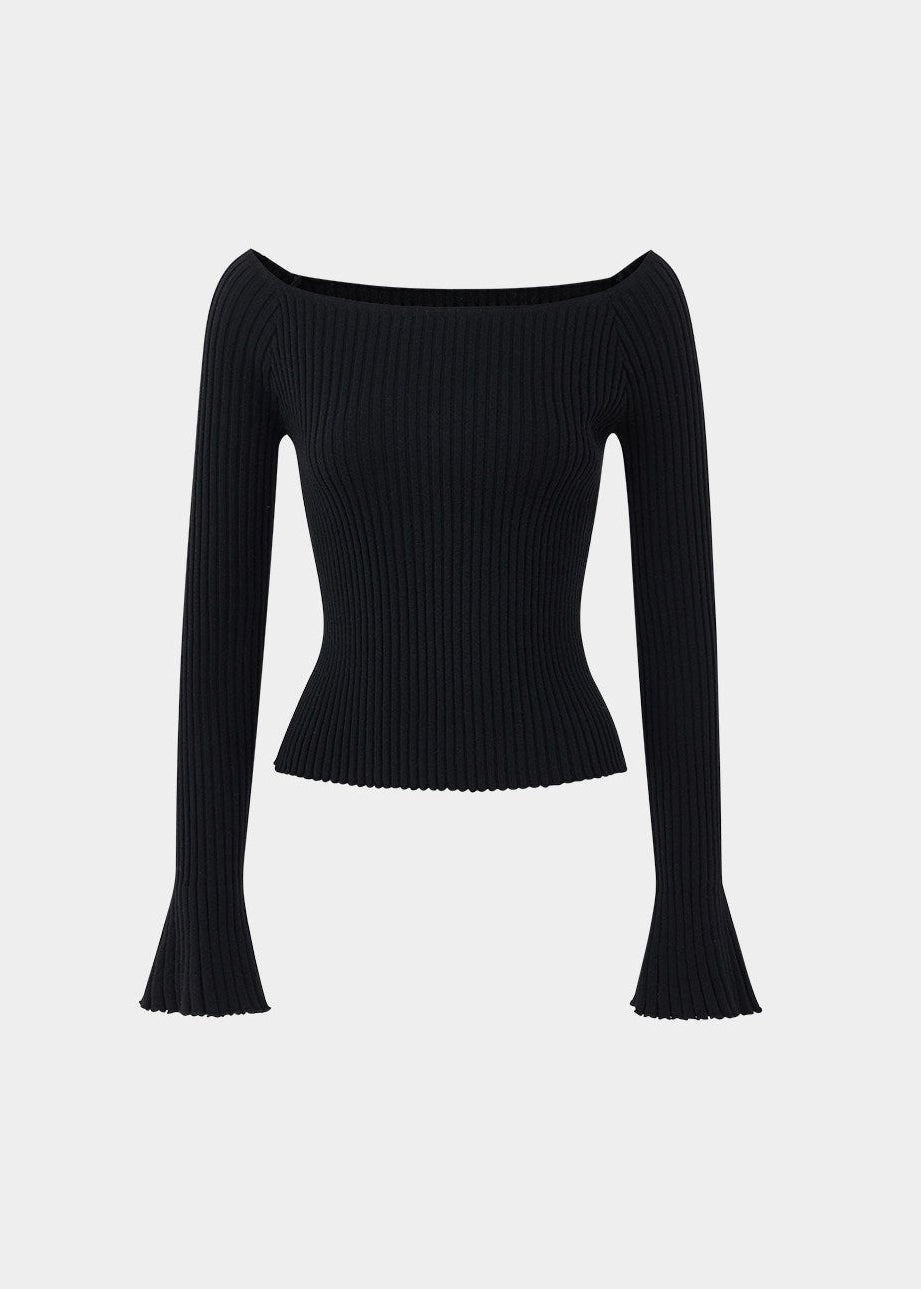 LaluneDuCiel one shoulder knit top women, Korean feminine ribbed sweater, flared sleeve knit blouse women, elegant Korean style knitwear, slim fit knit top Korean fashion, chic feminine off shoulder sweater, soft romantic knit top women, Korean aesthetic ribbed sweater, stylish Korean fashion top