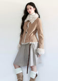 Fragileheart suede coat, faux fur jacket, winter Korean fashion, luxury feminine outerwear, plush shearling coat, quiet luxury womenswear, pastel noir aesthetic, elegant winter outfit, soft beige jacket, warm faux suede coat, K-fashion 2025, cozy luxury fashion, refined feminine look, modern winter style
