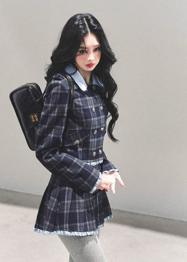 Proust Blue set, plaid suit set, collegiate jacket women, winter plaid skirt set, Korean two-piece outfit, AOMALM suit set, academic style outfit, Korean winter fashion, plaid mini skirt, tailored winter jacket, K-fashion set, blue plaid outfit, elegant winter outfit women, campus style clothing, wool blend jacket women, date outfit winter, Korean street style, cute two-piece set, winter feminine fashion, plaid matching set