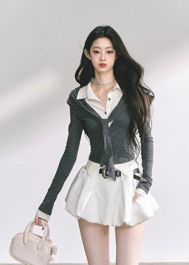 korean fake two piece top, korean long sleeve polo shirt women, seoul fashion streetwear top, korean aesthetic preppy top, slim fit layered polo shirt, british inspired korean fashion, hot girl slim waist top, korean fall fashion long sleeve, polo collar slim top women, korean art student outfit, elegant french style layered top, korean modern street chic top, layered illusion knit top, korean preppy fashion blouse, kfashion trendy two piece top