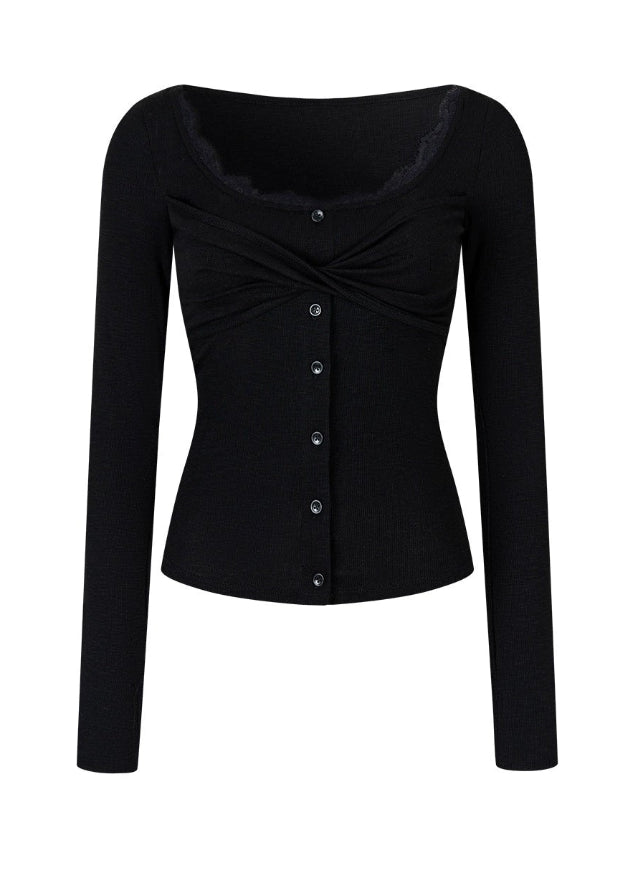 VIAPITTI lace top, single breasted long sleeve, slim fit T-shirt, edgy Korean fashion, autumn streetwear top, lace trim inner shirt, ruched front top, minimalist street style, versatile base layer, K-fashion 2025, slim long sleeve tee, soft street femininity, modern urban womenswear
