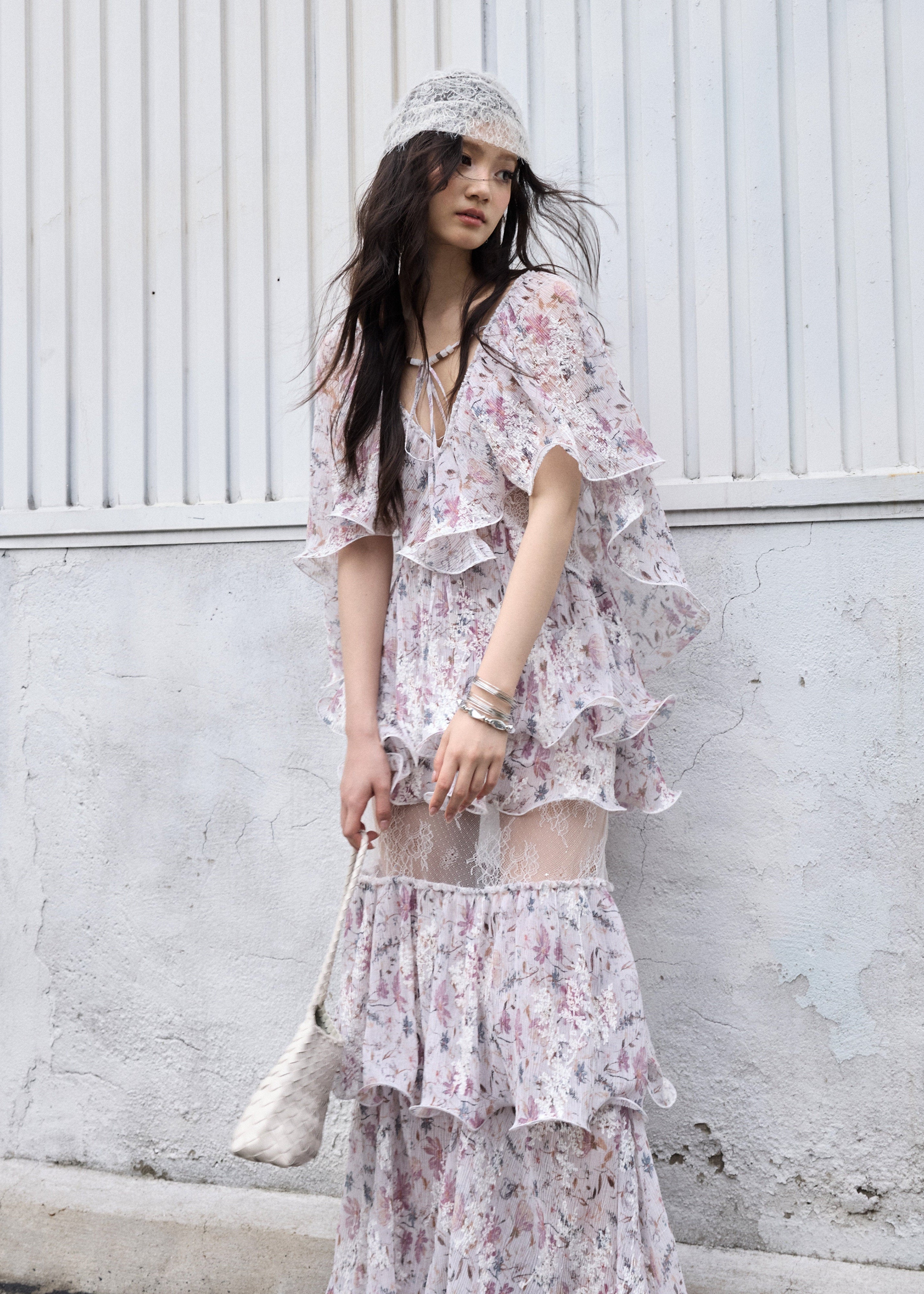 floral two piece set, ruffle maxi skirt set, korean fashion set, romantic floral outfit, vintage floral set, chiffon ruffle top, summer skirt set, feminine two piece outfit, resort wear women, elegant floral maxi set