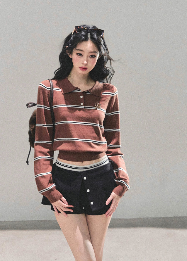 striped knit top, cropped polo shirt, vintage striped sweater, Korean fashion knit, AOMALM polo top, fall knitwear women, slimming crop top, long sleeve polo, American retro knit, Korean style tops, autumn fashion women, preppy knit top, waist-slimming shirt, striped crop fashion, aesthetic polo top, soft knit sweater, cute Korean outfit, polo collar knit, trendy fall tops, slim fit long sleeve top.