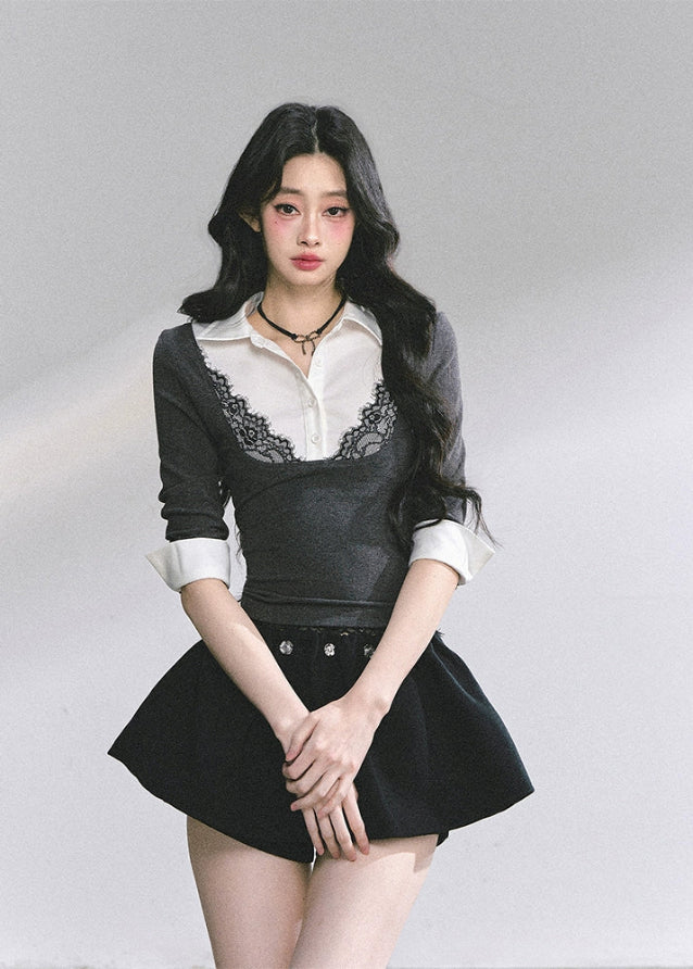 korean lace polo top, contrast lace collar blouse, fake two piece korean top, korean long sleeve lace shirt, elegant korean knit top, seoul fashion autumn 2025, korean layered blouse women, lace contrast polo shirt, preppy korean girl top, korean chic fashion blouse, slim fit lace top, korean office casual shirt, kfashion lace knit top, korean classy look, hot girl korean fashion