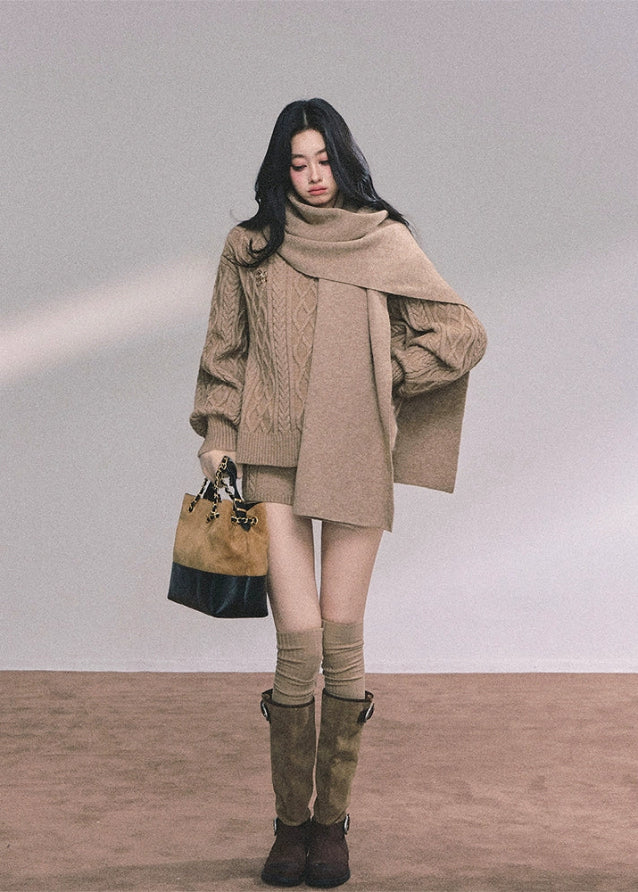 knit set, 3 piece knit set, cable knit sweater, cable knit shorts, knit scarf set, winter knit outfit, cozy knit loungewear, Korean style knit set, Korean fashion knitwear, oversized sweater set, fall winter knitwear, casual knit matching set, warm knitted outfit women, street style knit set, French chic knitwear, soft knit sweater, knit shorts outfit, scarf sweater set women, aesthetic knit outfit
