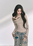 korean off shoulder top, korean fake two piece long sleeve, korean street fashion top women, seoul hot girl outfit, slim waist long sleeve top, korean fall fashion blouse, off shoulder wrap knit top, kfashion minimalist street top, korean aesthetic long sleeve shirt, trendy korean fall outfit, modern korean off shoulder design, slim fit off shoulder top women, layered illusion fashion top, korean street chic fashion, seoul inspired minimalist blouse