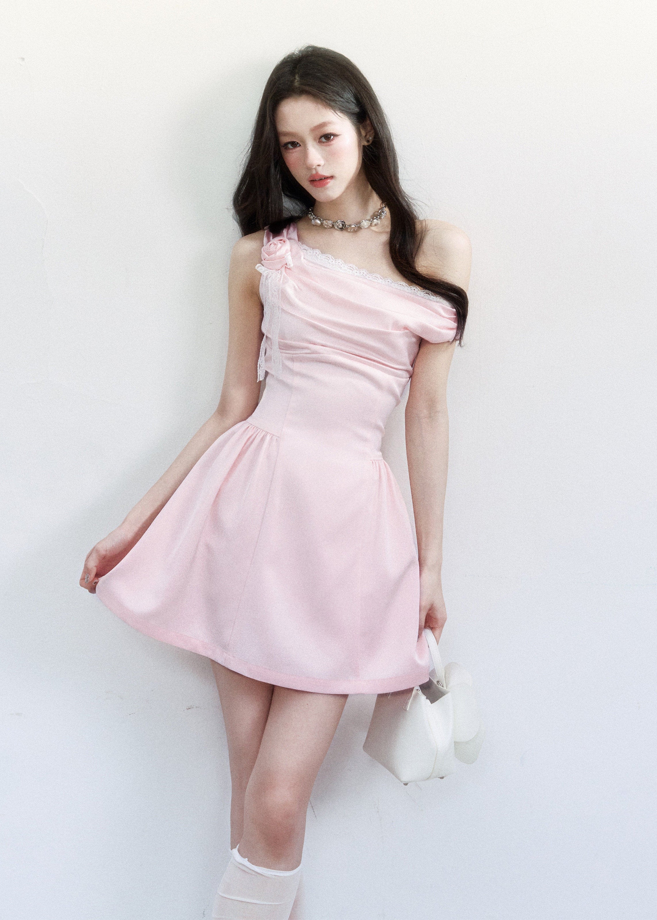 fragileheart dress, pink satin dress, one shoulder dress, asymmetrical dress, korean feminine dress, princess mini dress, blush party dress, waist cinching dress, elegant satin mini dress, romantic korean dress, soft pink occasion dress, heiress style dress