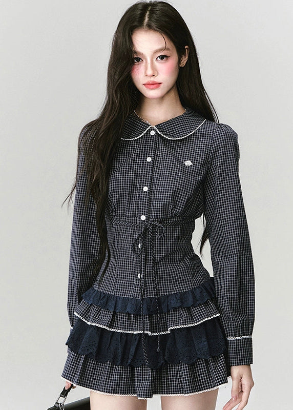 Fragileheart lace set, gingham blouse skirt, luxury Korean fashion, elegant two-piece outfit, soft preppy K-fashion, 2025 fall collection, quiet luxury style, pastel noir aesthetic, romantic layered skirt, modern feminine fashion, luxury womenswear, Korean academic outfit, chic lace two-piece dress, graceful preppy look, soft vintage fashion
