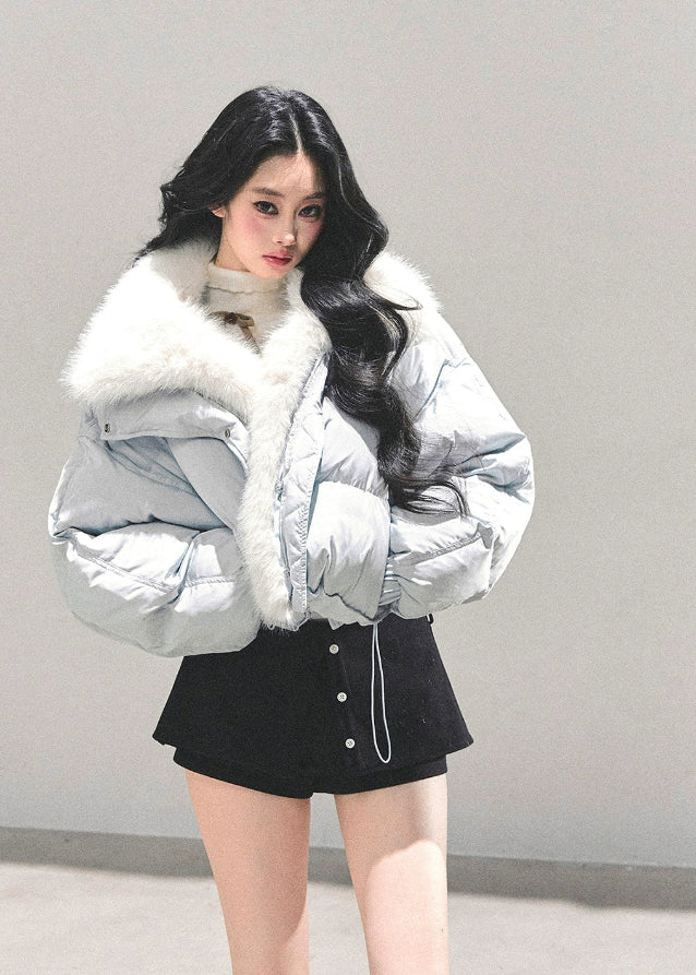 AOMALM down jacket, Korean winter jacket women, cropped fur hood jacket, white duck down coat, soft girl winter outfit, blue cropped puff jacket, warm thick down coat, Korean fashion 2025 winter, feminine winter jacket, plush collar down coat