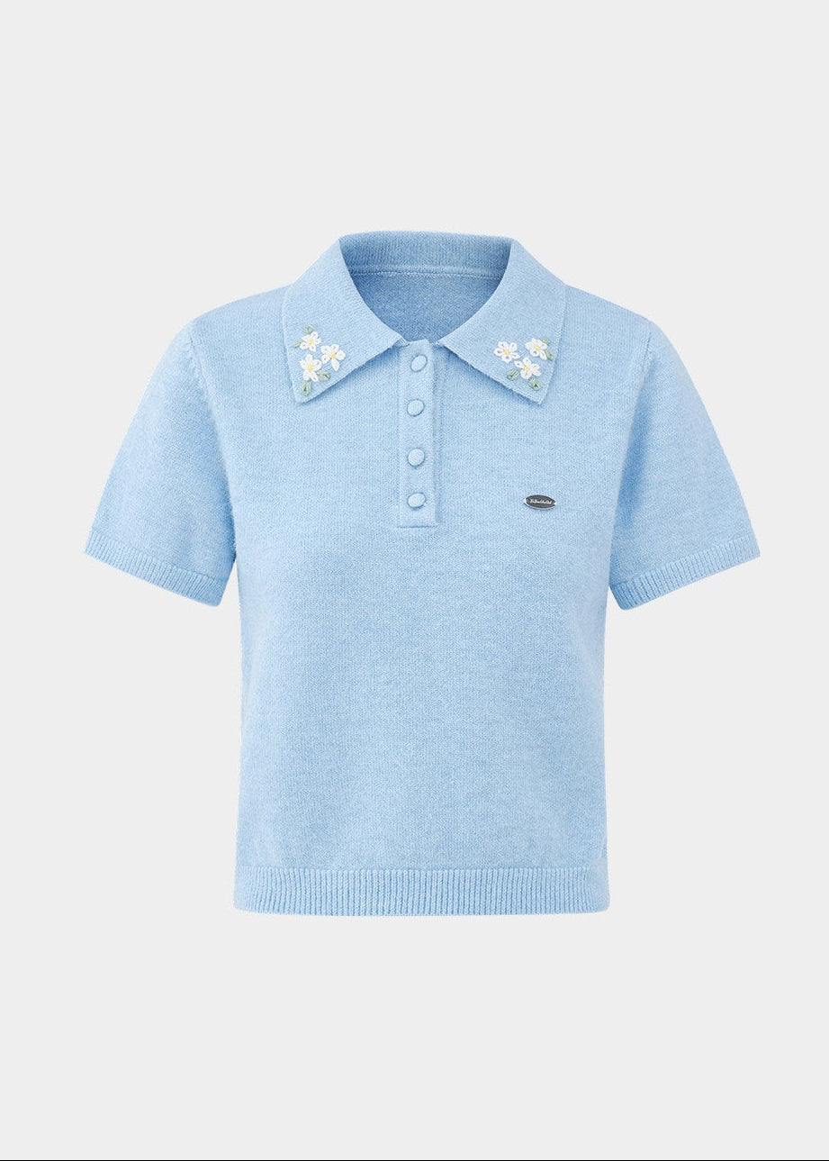 polo knit top women, embroidered sweater top, short sleeve knit, korean fashion top, fitted polo shirt women, spring knitwear, waist slimming top, elegant casual top, soft knit blouse, minimalist polo top, feminine knitwear, everyday chic outfit, blue knit top women, refined casual wear, lightweight sweater top, modern feminine clothing, versatile spring top, tailored knit shirt, aesthetic fashion top, parisian casual style